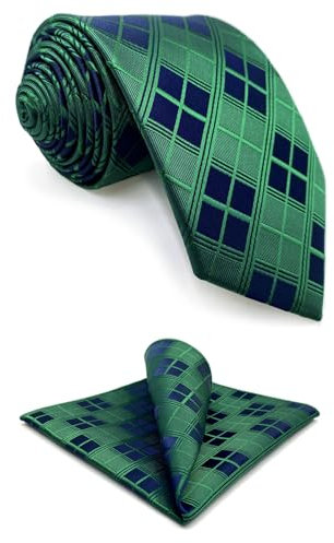 S&W SHLAX&WING Krawatten für Herren Kombination aus karierter Satin Krawatte und Einstecktuch Grün Marineblau extra lang 160cm