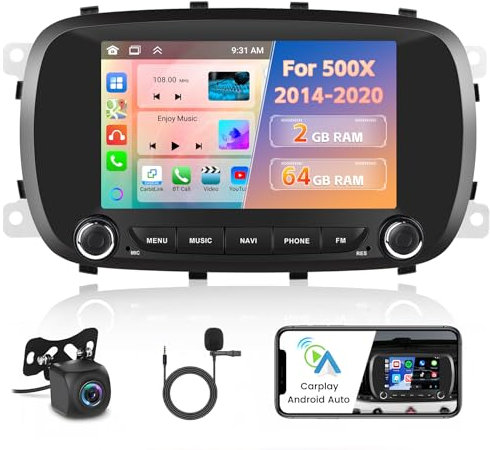 Inefala Autoradio per Fiat 500X 2014-2020, Android 15 2G+64G, con Carplay Wireless e Android Auto, Touchscreen 7 Pollici Stereo Auto Bluetooth con GPS WiFi Radio FM/RDS USB SWC Mic Retrocamera