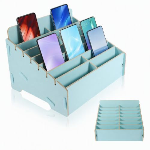 Tofficu Boîte de Rangement en Bois pour 14 Téléphones Portables | rganiseur de Bureau de Classe avec 14 Compartiments - Support pour Smartphone, Réparation & Réunion 21x 17x16cm, Bleues
