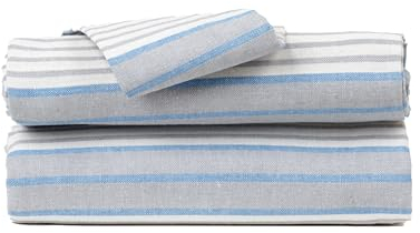TRAMAS+ Tischdecken Rechteckiger Tischläufer aus Baumwolle mit Leinenoptik für Zuhause, Esszimmer, Küche, Terrasse, Patio in 3 Größen - Gestreift Indigo, 250 x 140 cm