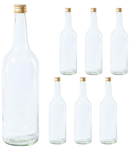 Vitrea 6 leere Glasflaschen 1 Liter Schraubverschluss Gold - große Flaschen zum Befüllen mit Deckel - für Wein, Saft, Getränke, Likör, Öl, Saucen - 6 Stück, PP28, Geradhals