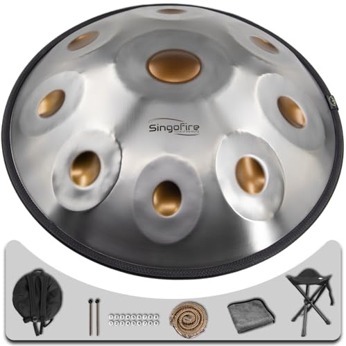 SINGOFIRE Handpan, 22 Zoll, 9 Noten, 440Hz D Moll Kurd, Gold Eye, mit Soft Handpan Bag, 2 Schlägel, Ständer und staubfreiem Tuch