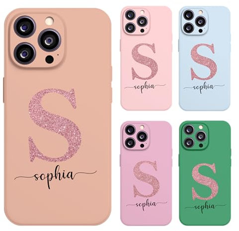 EKAM Personalised Case For iPhone 16e, 16, 15, 14, Pro, Max, Plus 13, 12, 11, X, XR, SE, 8, 7, Fully Printed 3D Soft TPU Custom Cover individual Own Initial Name (Glitter Initial WIth Name)