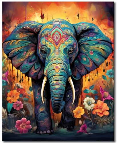 TISHIRON Elefant und Blume Farbe nach Zahlen erwachsene Anfänger, Tierfarbe nach Zahlen Kits, DIY bunte Elefant Ölgemälde Kit mit Pinseln und Pigment Home Wall Decor 16x20 Zoll (kein Rahmen)