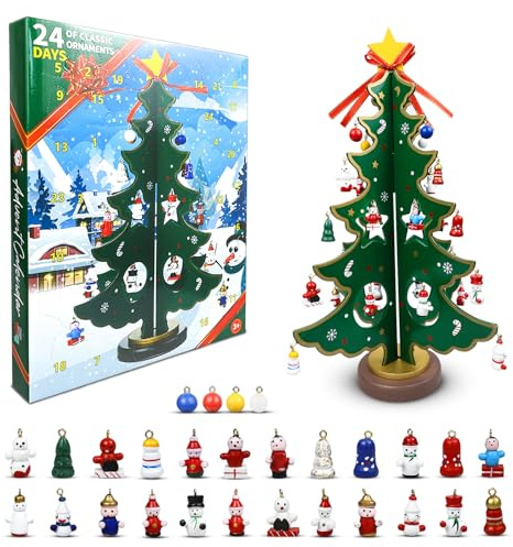 LIHIQIYA Adventskalender 2025 Kinder, Weihnachtskalender mit Holz Weihnachtsbaum und Ornamenten, Tage Countdown Weihnachten Geschenk, Weihnachtsdeko zum Basteln Adventskalender Mädchen Jungen (Stil B)