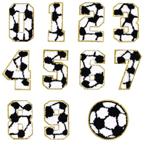 11pcs Number Iron On Patches, Football Style 0-9 Number Gold Edges Chenille Embroidered Iron on and Sew on Patches Applique for Decorative Repair Clothing Jackets Backpacks