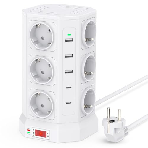 Mehrfachsteckdose Überspannungsschutz(3680W/16A), 12 Fach Steckdosenturm mit 5 USB, Steckdosenleiste Mehrfachstecker mit Schalter, 1,5m Verlängerungskabel, 1050J Überspannungsschutz, Haus, Büro, Weiß