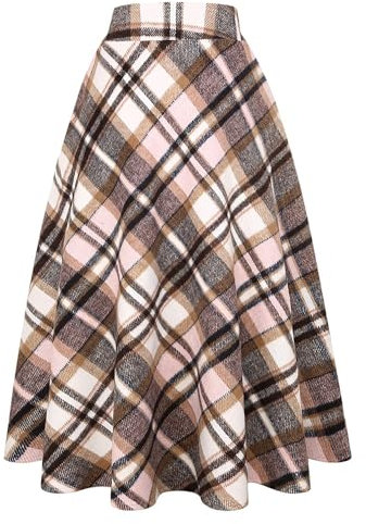 Gonna lunga in lana scozzese per donna inverno autunno caldo alto elastico in vita una linea svasata plissettata in lana tartan gonne, Rosa 01., 3XL