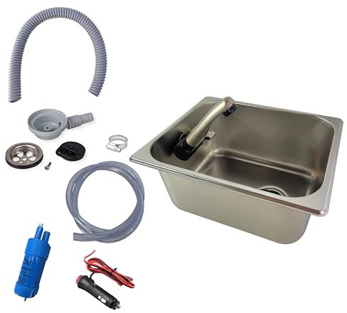 Kit de fregadero de 12V y desagüe acodado, 32x26x15 cm, ideal para furgonetas camper o caravanas