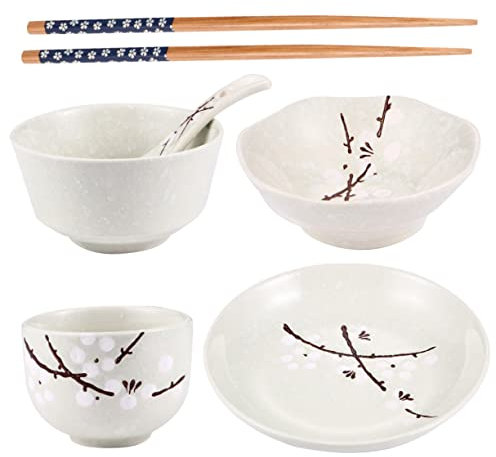 SHOWERORO Geschirrset Aus Keramik Im Japanischen Stil Für Haushalt Bestehend Aus Schüssel Teller Tasse Löffel Und Essstäbchen Mit Pflaumenblüten-druckdesign Praktisch Und