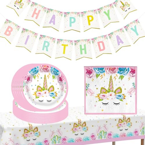 POPOYU 52 Pièces Vaisselle Licorne de Fête, Rose Assiettes Gobelets Serviettes Nappe Happy Birthday Bannière Decoration Anniversaire Licorne Fille Enfants Party Mariages Baby Shower pour 16 Invités