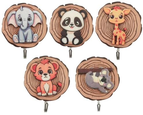 VONJUMA 5 Pcs Perchero Infantil Percheros Infantiles Ganchos Para Ropa Para Niños En Forma De Animal Ganchos Autoadhesivos Ganchos De Pared De Madera Sin Taladrar Armario De Habitación Infantil Regalo