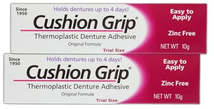 Cushion Grip Thermoplastic Denture Adhesive, 0.35 oz Travel Size (Pack of 2) – Refits and Tightens Loose Dentures for Up to 4 Days | Non-Glue, Zinc-Free, Waterproof Formula, Acts Like a Soft Reliner