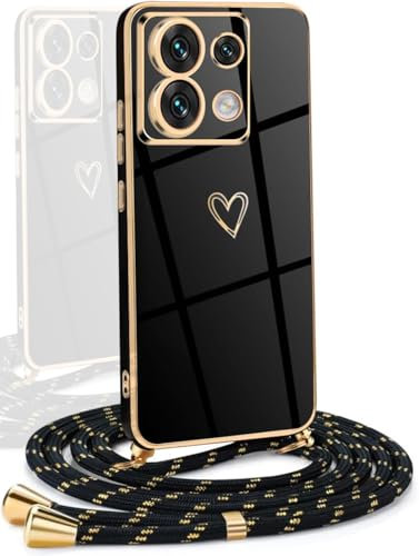 YAMCCCSE Coque avec Cordon Compatible avec Xiaomi Redmi Note 13 Pro 5G/ Poco X6 5G, Galvanoplastie Motif Coeur d'amour Housse Antichoc TPU Silicone, Réglable Etui avec Lanière,Noir