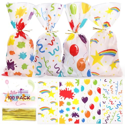 Bighan 100 Stück Durchsichtige Cellophantüten, Süßigkeiten Tüten mit 100 Twist Krawatten, Zellophantüten Klein für Kekse Schokolade Zellophantüten Plastik Brot, Kindergeburtstag Geschenktüten