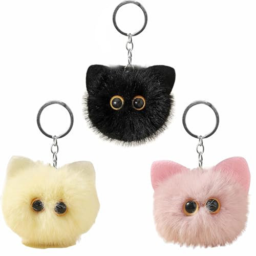 GETJOY Lot de 3 porte-clés en forme de chat, porte-clés pelucheux à pompons, accessoires de sac à dos en peluche, porte-clés en peluche, porte-clés pour femme, accessoire de porte-clés, Noir , M