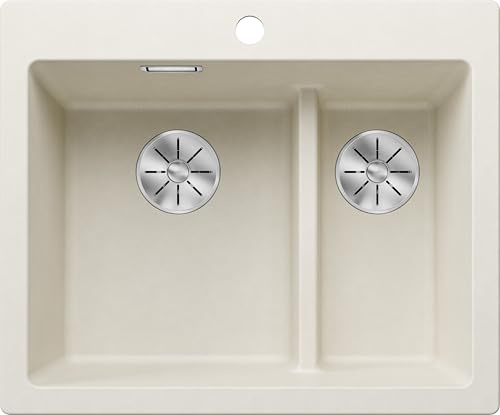 BLANCO PLEON 6 Split | Granitspüle aus SILGRANIT softweiß | Einbau von Oben | [61,5x51x23,2 cm] | für 60 cm breite Unterschränke | Split-Konzept | ohne Ablauffernbedienung | Hauptbecken links