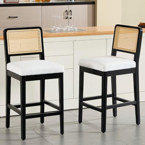 chairus Lot de 2 Tabourets de Bar avec Dossier en Rotin Tabourets de Comptoir en Lin sans Accoudoirs Chaise Haute de Bar avec Repose-Pieds en Bois Massif pour Cuisine, Ilot Central, Noir-2