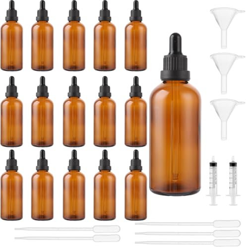 MUXHEL 15PCS Pipette Dropper Bottle 100ml Dropper Bottle Amber Glass bottle with Glass Pipette Funnels & Labels for Aromatherapy Blends Essential Oils Liquids