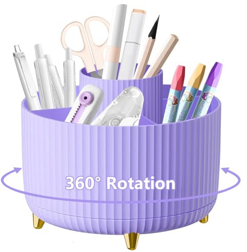Desk Organiser, 360°Rotating Pen Holder Pen Pot, Makeup Brush Holder with 5 Compartments, Desktop Storage Stationery Supplies Organizer, Pencil Holders for Desk Tidy Home, School, Office (Purple)