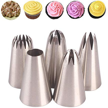5 Pièces Douille Patisserie, Douille Patisserie Professionnelle en Acier Inoxydable DIY Accessoire Kit 1M 2A 2D 2F 6B pour Poche à Douille Crème Décoration de Cupcakes Gâteaux Glaçage Biscuits Muffins