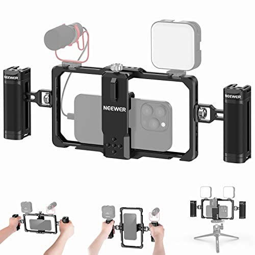 NEEWER Kit Phone Rig per Vlog Aggiornato, Stabilizzatore Video Cage con 2 Maniglie Slot per Mic Wireless Panno Pulizia per Video TikTok YouTube, Compatibile con iPhone Samsung Android SmallRig, PA009