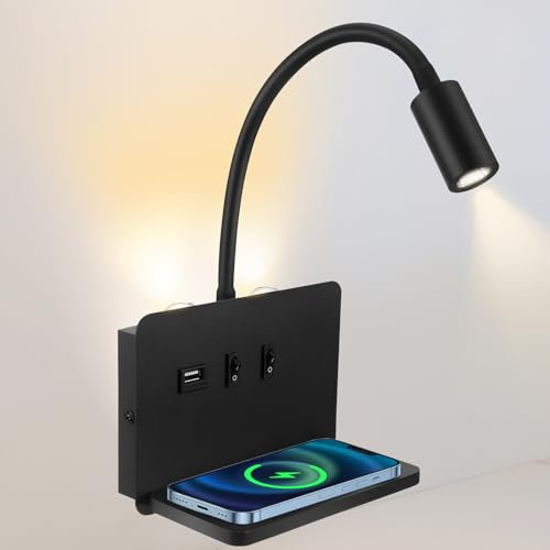 Strixorn Liseuse de Chevet Murale avec port de charge USB et Base de Chargeur sans Fil, Lampe de Lecture Col de Cygne Flexible, Applique murale LED pour Salon Chambre tête de lit Lecture (Noir)