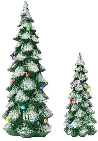 DN DECONATION Grüne Weihnachtsbaum mit Licht 2er Set Mattierte Tischdekoration Mehrfarbige LED Weihnachtsbäume für Zuhause Büro Kamin