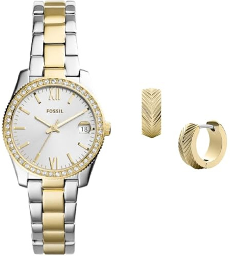 Fossil Damen Scarlette Mini Zweifarbige Edelstahl Uhr und Harlow Goldfarbene Ohrringe, Set