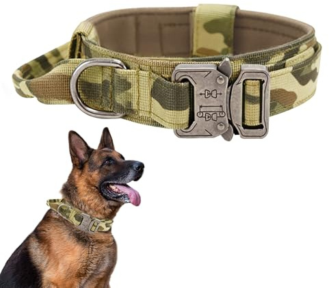 Tactical Dog Collar, Adjustable Collar with Control Handle, Soft Padded Nylon Dog Collar with Robust Metal Buckle for Medium Large Dogs (Camo, L)