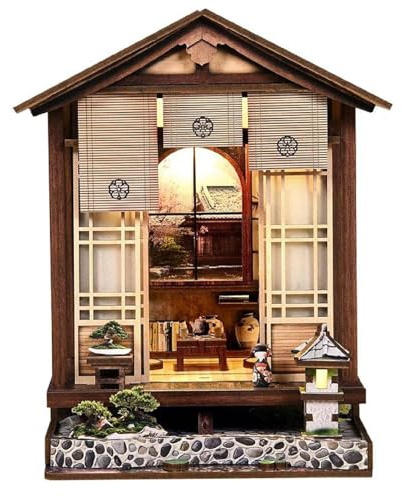 Book Nook Kits für Erwachsene, Miniatur-Puppe, kleines Haus, japanisches Buchecken-Set, Mini-japanisches Hausbauset mit LED-Licht und 3D-Holzpuzzle, Bücherregal-Einsatz, Dekor, Geschenke für Liebhaber