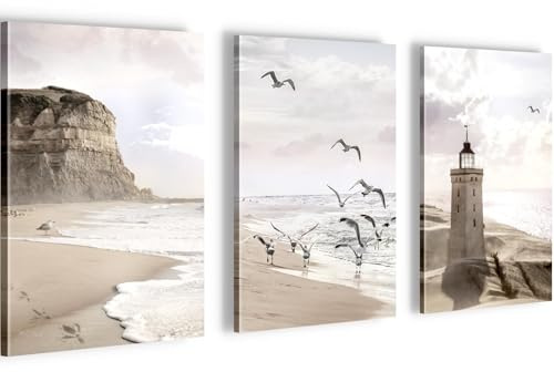 Novart Wandbilder Strand und Meer 3 Teilig Wandbilder für Wohnzimmer Schlafzimmer Büro 20 x 30 cm - 3 Bilder Beige Küste N040230b