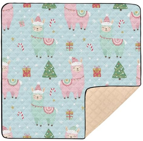 Baby-Spielmatte mit weihnachtlichen Lama-Weihnachtselementen, weich, dick, gemütlich, atmungsaktiv, Reise-Spielmatte für Baby, Kleinkind, 127 x 127 cm, Hellblau