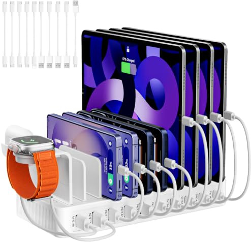 Station de Charge USB C pour appareils Multiples Fast 100W avec Support de Montre et 10 câbles, Station de Charge 10 Ports, USB Multi Charger pour iphone/Samsung, tablettes et Autres appareils USB