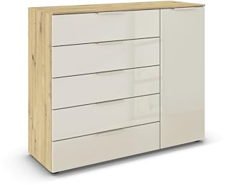 Rauch Möbel Flipp, Kommode, Farbe Glas Beige/Eiche Artisan, Breite 120 cm | Sideboard, 1-türig, 5 Schubladen, Soft-Close-Funktion, für Schlafzimmer, Gästezimmer, Wohnzimmer, Garderobe, Flur