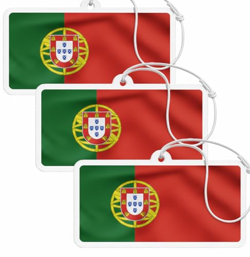 Lot de 3 désodorisants pour voiture - Drapeau national - Pendentif - Black Ice, Vanilla & New Car - Parfum longue durée pour la voiture ou la maison - Accessoire élégant - Portugal