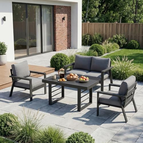 LANOX Gartenmöbel Set 4 Personen Aluminium – Garten Lounge Wetterfest mit Gartentisch – Terrassenmöbel Außen Balkonmöbel – Gartensofa Set 3-teilig mit 10cm Polster – Grau