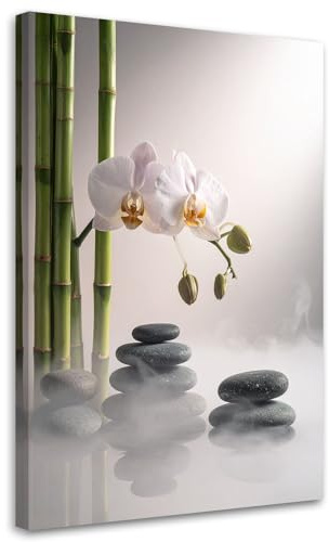 Feeby Wandbilder - Bilder Schlafzimmer - Orchideen Steine Bambus Zen Spa - 40x60 1tlg - Wohnzimmer Bild Groß - Wohnungs - Foto Geschenk - Leinwand Wall Art - Wand Deko