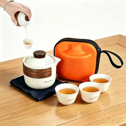 Juego de té chino Gongfu YYTECH, tetera y taza, tetera portátil de cerámica con bolsa de viaje, tetera con 1 tetera y 3 tazas para viajes, hogar, actividades al aire libre y como regalo