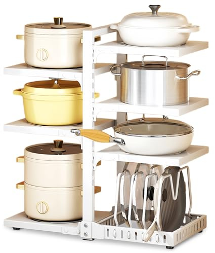 7-Tier Pots and Pans Organiser, Heavy Duty Adjustable Rack for Pots and Lid | Kitchen Storage & Organisation | Rust-Proof | Dual-Sided Pan Stand | for Kitchen Cupboard Counter and Cabinet Storage