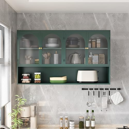 JCFEIDQW 120 cm Hängeschrank Küche, Küchenhängeschränke mit 4 Glastüren, Hergestellt aus hochwertigem Eisen und gehärtetem Glas, zur Wandmontage, Geeignet für Küchen, Wohnzimmer(Dunkelgrün)