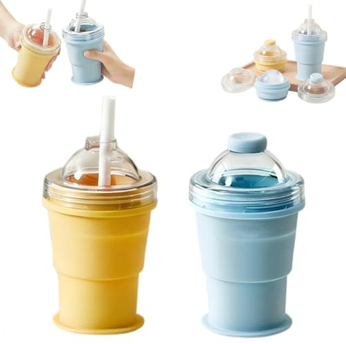 2 Stück Faltbare Eiskugelform Becher FORMVERSITY, 2 in 1 Silikon Eisball Maker Becher Auslaufsichere Silikon Kaffeetassen, Ragbare Eisformen Flasche Becher mit Strohhalm & Deckel für Saft (Blau+Gelb)