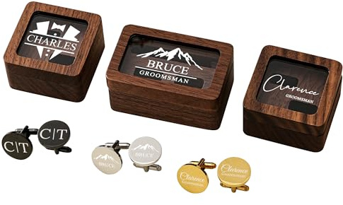 Personalisierte Gravur Manschettenknöpfe Set mit Holz-Geschenkbox, Individuelle Initialen Name Datum Manschettenknöpfe für Männer, Hochzeit Trauzeugen Geschenk für Vatertag Weihnachten Valentinstag