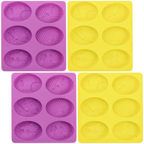 Silikon-Seifenformen für Bastelarbeiten, 4er-Pack ovale Honigbienen-Schokoladen- und Bonbonformen, 6-Mulden-Backformen für Badebomben, Wachsmelts, Harzguss, rosa für DIY-Projekte