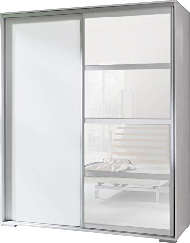 FurnitureByJDM Kleiderschrank mit Spiegel – Shrank mit 2 Schiebetüren, 2 Kleiderstangen & 5 Regalböden – Schiebetürenschrank 180 cm Breit - Leo (Weiß)
