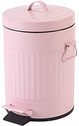 Bathroom Bin with Lid, Small Pink Wastebasket For Home Bedroom With Lid, Round Waste Bin Soft Close, Retro Vintage Garbage Metal Bin For Office, 5 Liter / 1.3 Gallon, Glossy Pink