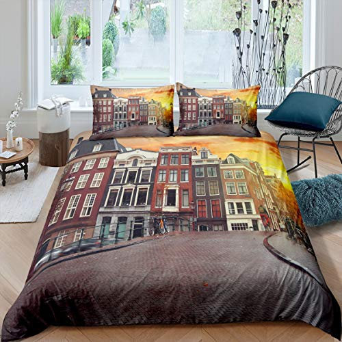 Loussiesd Bettwäsche Set Die Stadt Wohnung Straße Bettbezug Set Kinder Jungen Mädchen 135x200 cm Microfaser Betten Set mit Reißverschluss und 1 Kissenbezug 80x80 cm