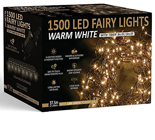 Christmas Tree Lights 1500 LED 37.5m Warm White - 2.5cm Bulb Distance Fairy String Lights Plug in with Timer and Memory Functions - Suitable for Outdoor/Indoor Use