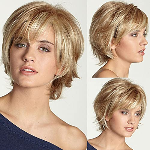 YXSHZ Kurzhaar-Perücke für Damen, blond, kurze Schicht, Naturhaar mit Pony, Kunsthaarperücke, hitzebeständig, volle Perücken