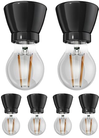 ledscom.de 6x Porzellan Lampen-Fassung MINZ, rund, schwarz + LED Lampe 370lm, extra-warmweiß